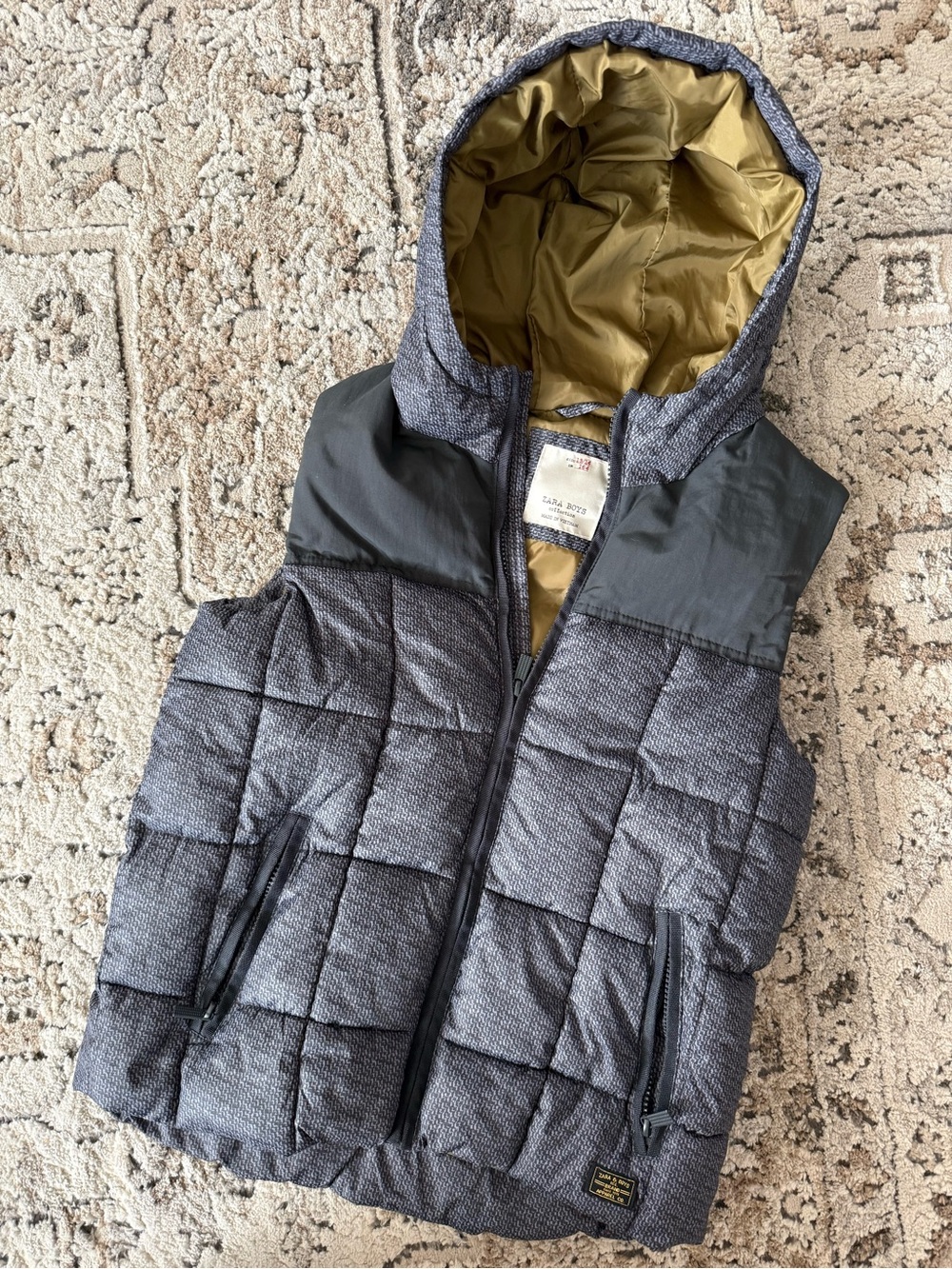 Zara Gray Quilted Hooded Puffer Vest with Olive Lining
